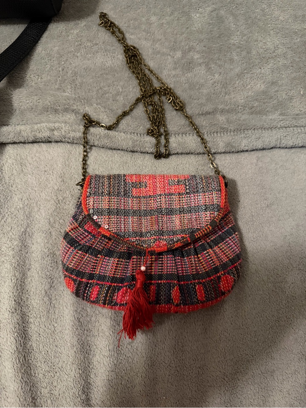 vintage Red Multi-Pattern Woven Crossbody Bag with Tassel